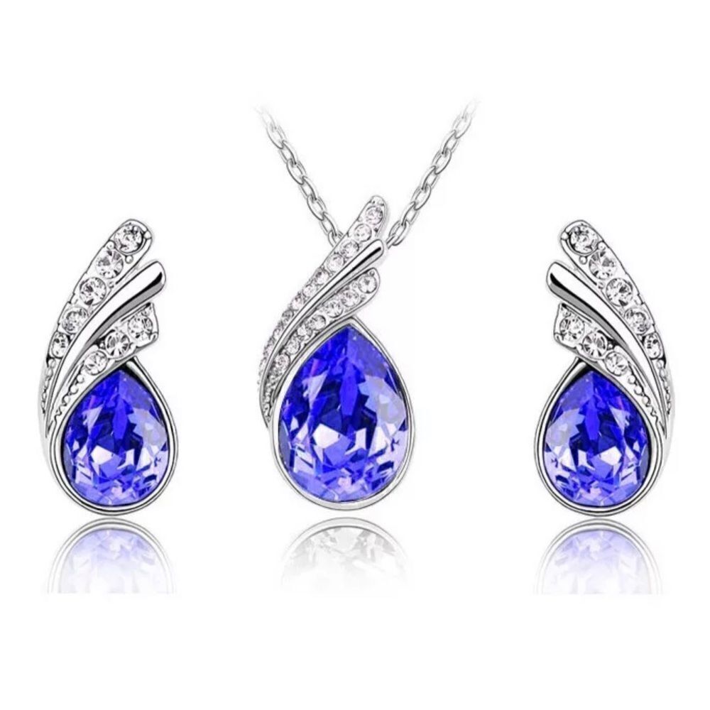 💙 Blue Gemstone Fashion Angel Wings Crystal Necklace Earrings Jewelry Set